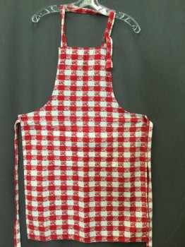 Red, White, Cotton, Gingham, Gingham Check With Crab Print, Full Apron