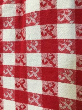 Red, White, Cotton, Gingham, Gingham Check With Crab Print, Full Apron