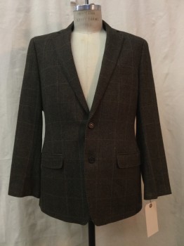 Mens, Sportcoat/Blazer, BROOKS BROTHERS, Brown, Black, Blue, Wool, Cashmere, Herringbone, Plaid-  Windowpane, 40 R , Brown/ Black Herrinbone, Blue/brown Window Pane, Notched Lapel, 2 Buttons,