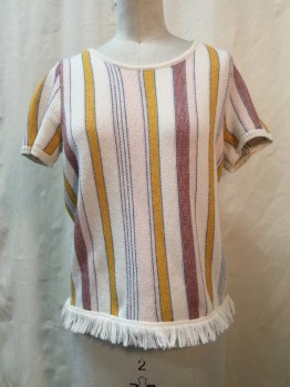 Womens, Top, MADEWELL, White, Baby Pink, Mustard Yellow, Mauve Pink, Blue, Cotton, Synthetic, Stripes, XS, White/ Baby Pink/ Mustard/ Mauve Pink/ Blue Stripes, Round Neck,  White Fringe Trim, Short Sleeves,