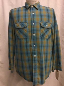 Surf Pendleton, Dusty Blue, Teal Blue, Moss Green, Cotton, Plaid, Dusty Blue with Teal Blue/ Moss Plaid, Button Front, Collar Attached, Long Sleeves, 2 Flap Pockets