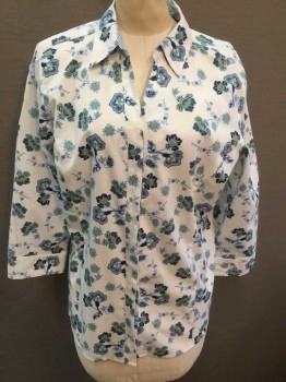 BASIC EDITIONS, White, Lt Blue, Lime Green, Navy Blue, Cotton, Polyester, Floral, 3/4 Sleeve, Button Front, V-neck with Collar Attached