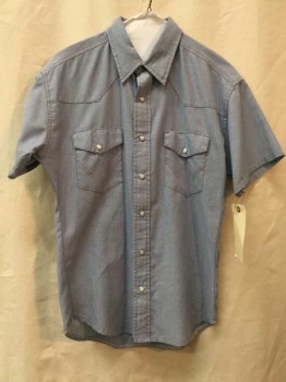 Mens, Western, WRANGLER, Lt Blue, Cotton, Polyester, Heathered, S, Lt Blue, Snap Front, Collar Attached, Short Sleeves, 2 Flap Pockets
