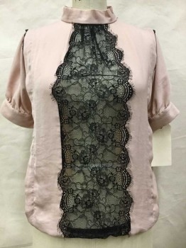 Corly, Dusty Pink, Black, Polyester, Solid, Collar Band,  Elastic Waist, Black Lace Center Front And Back, Short Sleeve,