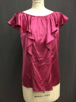 REBECCA TAYLOR, Fuchsia Pink, Silk, Solid, Silk Satin Blouse. Short Sleeve,  Self Ruffled Short Sleeves Leading To Front and Center Back, Tie At Center Back