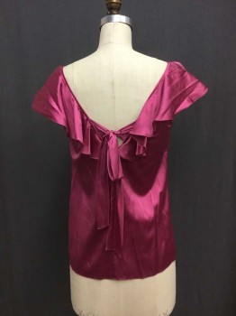 REBECCA TAYLOR, Fuchsia Pink, Silk, Solid, Silk Satin Blouse. Short Sleeve,  Self Ruffled Short Sleeves Leading To Front and Center Back, Tie At Center Back