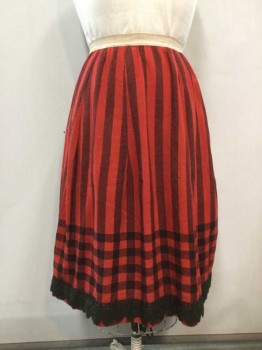 N/L, Red, Black, Wool, Cotton, Stripes, Check , Working Class. Length to Knee, Red & Black Stripe Upper with Check Lower Finished with Black Crochet Lace Trim. Skirt Gathered to Cream Cotton Waistband,
