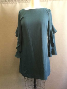 Womens, Dress, Long & 3/4 Sleeve, ANN TAYLOR, Teal Green, Polyester, Solid, B: 39, 8, W: 38, Bateau/Boat Neck, Sheath, Long Sleeves with Ruffles, Button Back Neck