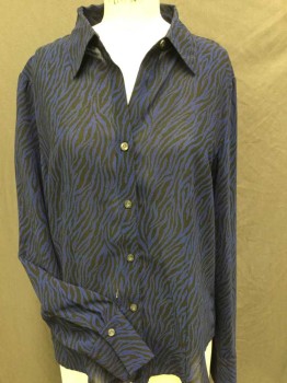 Womens, Blouse, NY & CO, Black, Royal Blue, Polyester, Animal Print, L, Black W/royal Blue Zebra Print, Collar Attached, Button Front, Long Sleeves,