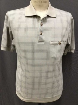 DAVID TAYLOR, Tan Brown, French Blue, Dk Brown, Cotton, Polyester, Plaid-  Windowpane, Tan W/double broken Line French Dark Brown Windowpane Plaid, Collar Attached, 3 Button Front, 1 Pocket, Short Sleeves,