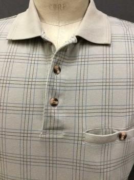 DAVID TAYLOR, Tan Brown, French Blue, Dk Brown, Cotton, Polyester, Plaid-  Windowpane, Tan W/double broken Line French Dark Brown Windowpane Plaid, Collar Attached, 3 Button Front, 1 Pocket, Short Sleeves,