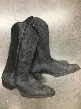 Mens, Cowboy Boots , ARIAT, Black, Leather, 12, Black Leather with Black Embroidery, Oval/Tapered Toe, 1.5" Heel