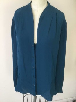 ELIE TAHARI, Teal Blue, Polyester, Solid, L/S, B.F., with Hidden Buttons and Faux Rectangle Buttons, Darts are From the Collar,
