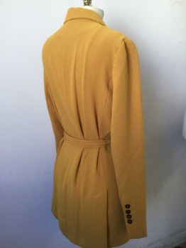 ZARA, Mustard Yellow, Polyester, Solid, Double Breasted, Peaked Lapel, 2 Pocket Flap, 1 Faux Pocket, Self Tie Belt, See Photo Attached,
