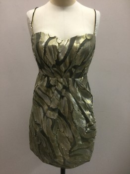 Womens, Cocktail Dress, TWELFTH ST/CYNTHIA V, Gold, Silver, Gray, Metallic, Silk, Lurex, Abstract , 4, Gold and Silver Abstract Shapes on Gray Background, Black and Gold Spaghetti Straps, Lightly Padded/Boned, Sweetheart Bust, Starburst Pleats Emanating From Waist, 2 Hip Pockets, Hem Mini