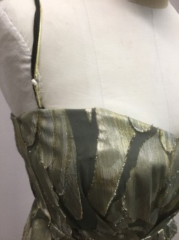 Womens, Cocktail Dress, TWELFTH ST/CYNTHIA V, Gold, Silver, Gray, Metallic, Silk, Lurex, Abstract , 4, Gold and Silver Abstract Shapes on Gray Background, Black and Gold Spaghetti Straps, Lightly Padded/Boned, Sweetheart Bust, Starburst Pleats Emanating From Waist, 2 Hip Pockets, Hem Mini