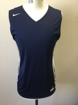 Unisex, Jersey, NIKE, Navy Blue, White, Polyester, Solid, M, Basketball Jersey, Navy with White Trim at V-neck, Stripes at Side Seams, Sleeveless, White Nike Swoosh Logo at Chest **Multiples ***Barcode Near Side Seam Hem