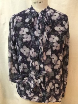 JONES NEW YORK, Black, Purple, Gray, Off White, Green, Polyester, Floral, Sheer Black with Purple, Gray, Off White, Green Floral Print with Black Lining, Round V-neck, with Self Neck Tie, Ruffle & Button Front, Long Sleeves,