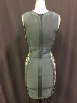 Womens, Cocktail Dress, HOUSE OF LONDON, Sage Green, Gold, Spandex, Polyester, Solid, M, V-neck, Sleeveless, Heavy Elastic, Lt Beige Flat Lined Open Sides, Back Zipper,