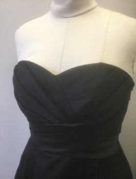 Womens, Evening Gown, DAVID'S BRIDAL, Black, Polyester, Solid, Sz.10, Satin, Strapless, Pleated Detail at Bust, Sweetheart Bust with Boning Structure, Pleated Waist, Floor Length, 2 Side Pockets, Invisible Zipper at Center Back