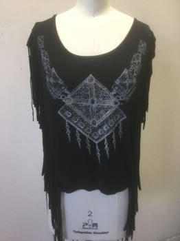 N/L, Black, Gray, Modal, Novelty Pattern, Jersey, Sleeveless, Black with Gray Trompe L'Oeil Necklace/Jewelry Graphic, Vertical Columns of Hanging Fringe at Shoulders to Hem, Low Open Back, Coachella, Festival Wear
