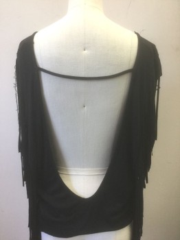 Womens, Top, N/L, Black, Gray, Modal, Novelty Pattern, M, Jersey, Sleeveless, Black with Gray Trompe L'Oeil Necklace/Jewelry Graphic, Vertical Columns of Hanging Fringe at Shoulders to Hem, Low Open Back, Coachella, Festival Wear