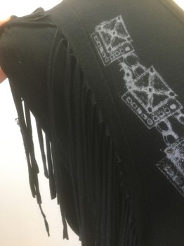 N/L, Black, Gray, Modal, Novelty Pattern, Jersey, Sleeveless, Black with Gray Trompe L'Oeil Necklace/Jewelry Graphic, Vertical Columns of Hanging Fringe at Shoulders to Hem, Low Open Back, Coachella, Festival Wear