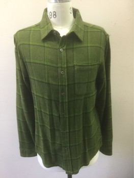 PRANA, Avocado Green, Charcoal Gray, Olive Green, Cotton, Plaid-  Windowpane, Speckled, Flannel, Long Sleeve Button Front, Collar Attached, 1 Patch Pocket