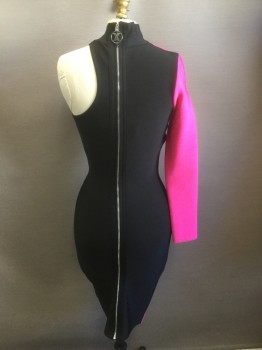 Womens, Cocktail Dress, LEORICCI, Black, Hot Pink, Rayon, Nylon, Color Blocking, 2, S, Body Contour, 1 Long Sleeves, Mock Turtle Neck, Heavy Weight Knit, Neck to Hem Center Back Zipper, Black Facetted Gems on Black Side, Center Front Slit