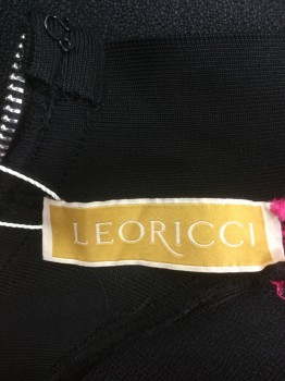 Womens, Cocktail Dress, LEORICCI, Black, Hot Pink, Rayon, Nylon, Color Blocking, 2, S, Body Contour, 1 Long Sleeves, Mock Turtle Neck, Heavy Weight Knit, Neck to Hem Center Back Zipper, Black Facetted Gems on Black Side, Center Front Slit