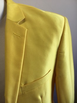 FERRECCI, Lemon Yellow, Polyester, Viscose, Solid, Single Breasted, 2 Buttons,  Notched Lapel, Gabardine,