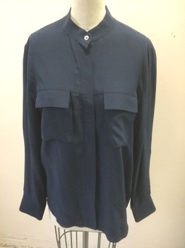 BILLY REID, Navy Blue, Silk, Solid, Long Sleeve Button Front, Band Collar, 2 Pockets with Flap Closures