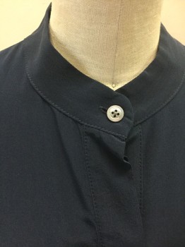 BILLY REID, Navy Blue, Silk, Solid, Long Sleeve Button Front, Band Collar, 2 Pockets with Flap Closures