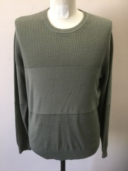 Mens, Pullover Sweater, CLUB MONACO, Lt Olive Grn, Cotton, Solid, M, Textured Knit Upper Body with Smoother Knit Horizontal Panels (3 Panels Total), Long Sleeves, Crew Neck