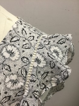REBECCA TAYLOR, Off White, Black, Silk, Floral, Dots, Off White with White Dots Throughout, Flowers and Vines/Leaves Pattern, Flutter Cap Sleeves, V-neck, White Threadwork at Armscyes