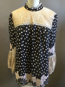 ANNA SUI, Black, Beige, Silk, Polka Dots, Black Chiffon with Beige Polka Dots and Floral Print, Lace Trim, Floral Beige Lace Insets at Yolk and Sleeves