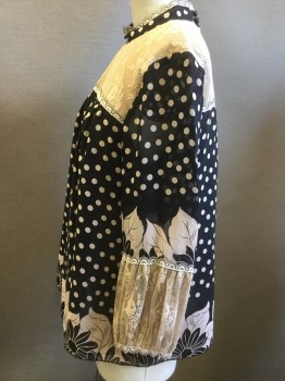 ANNA SUI, Black, Beige, Silk, Polka Dots, Black Chiffon with Beige Polka Dots and Floral Print, Lace Trim, Floral Beige Lace Insets at Yolk and Sleeves