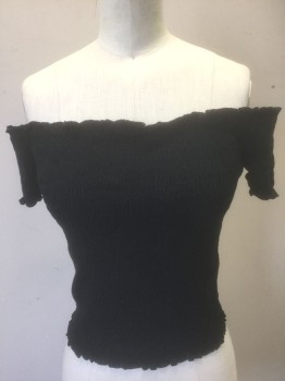 GUESS, Black, Rayon, Solid, Smocked Stretchy Top, Short Sleeves, Lettuce Edge Hem, Off the Shoulder Neckline, Fitted