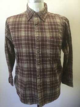 PENDLETON, Red Burgundy, Brown, Olive Green, Beige, Wool, Plaid, Long Sleeve Button Front, Collar Attached, 1 Patch Pocket, Quilted Nylon Lining at Shoulders