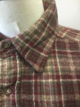 PENDLETON, Red Burgundy, Brown, Olive Green, Beige, Wool, Plaid, Long Sleeve Button Front, Collar Attached, 1 Patch Pocket, Quilted Nylon Lining at Shoulders