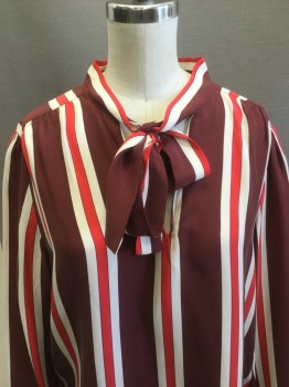 FRAME, Brown, Red, White, Silk, Stripes, Scarf V-neck, Long Sleeves, Pull Over, Silk