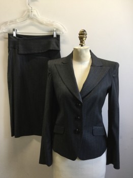 Womens, Suit, Jacket, EMPORIO ARMANI, Charcoal Gray, White, Stripes - Pin, Heathered, 4, Single Breasted, Collar Attached, Peak Lapel, 3 Buttons,  2 Flap Pockets