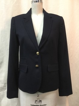 Womens, Blazer, JCREW, Navy Blue, Wool, Spandex, Solid, 2, Navy, Notched Lapel, 2 Buttons,  3 Pockets,