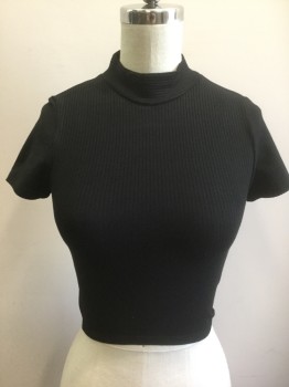 Womens, Top, REFORMATION, Black, Modal, Solid, XS, Rib Knit, Short Sleeves, Mock Neck, Cropped Length
