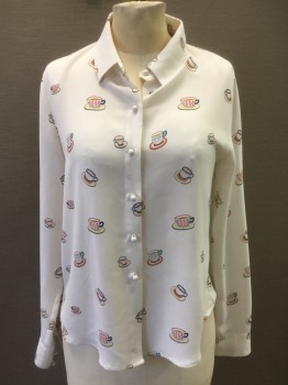 Womens, Blouse, FOREVER 21, White, Polyester, Novelty Pattern, S, with Multi Color Coffee Mug & Saucer Print, B.F., C.A., L/S,