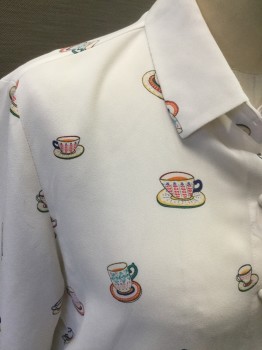FOREVER 21, White, Polyester, Novelty Pattern, with Multi Color Coffee Mug & Saucer Print, B.F., C.A., L/S,