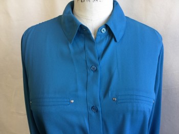 APT. 9, Turquoise Blue, Polyester, Solid, Collar Attached, Button Front, 2 Fake Pockets with Small Metal Studs, 3/4 Sleeves with Short Belt & Metal Button