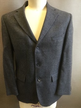 OSCAR DE LA RENTA, Charcoal Gray, Gray, Wool, Solid, Charcoal with Micro Grey and Navy Weave, 3 Button Front, Flap Pockets, Notched Lapel,