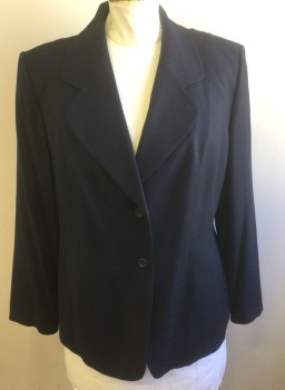Womens, Blazer, ELLEN TRACY, Navy Blue, Wool, Viscose, Solid, 2X, Dark Navy, Single Breasted, Rounded Notched Lapel with Self Top Stitching, 2 Buttons, Padded Shoulders, 2 Pockets Along Princess Seams