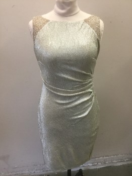 Womens, Cocktail Dress, RALPH LAUREN, Gold, Beige, Polyester, Elastane, Solid, 8, Crinkly Texture Iridescent Gold Material, Shoulders are Beige Net with Silver Bugle Beads, Sleeveless, Bateau/Boat Neck, Ruching at Side, Knee Length, Low Back with Cowl